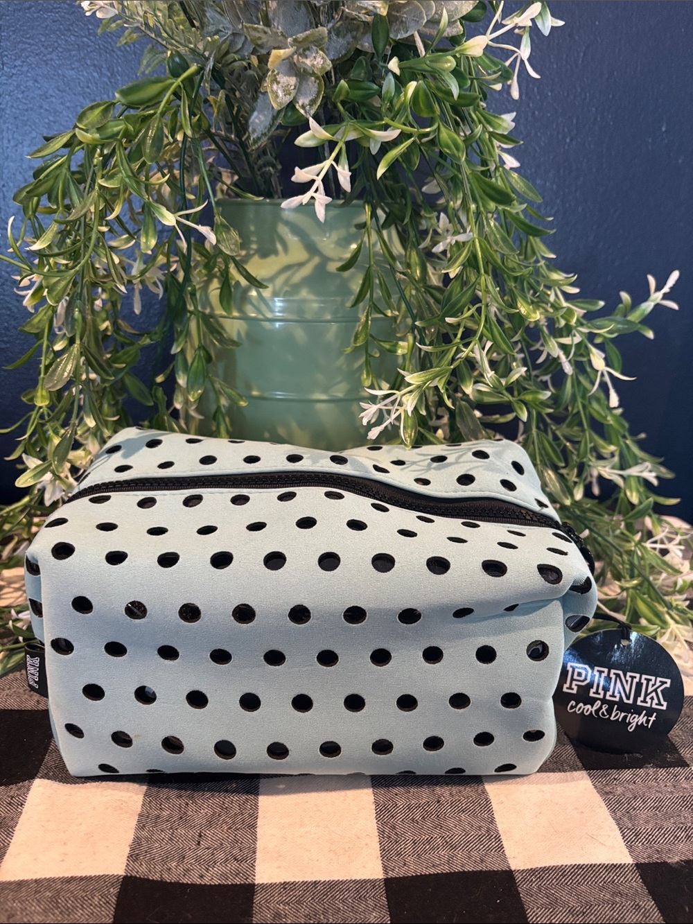 PINK Polka Dot Cosmetic Bag in Light Blue